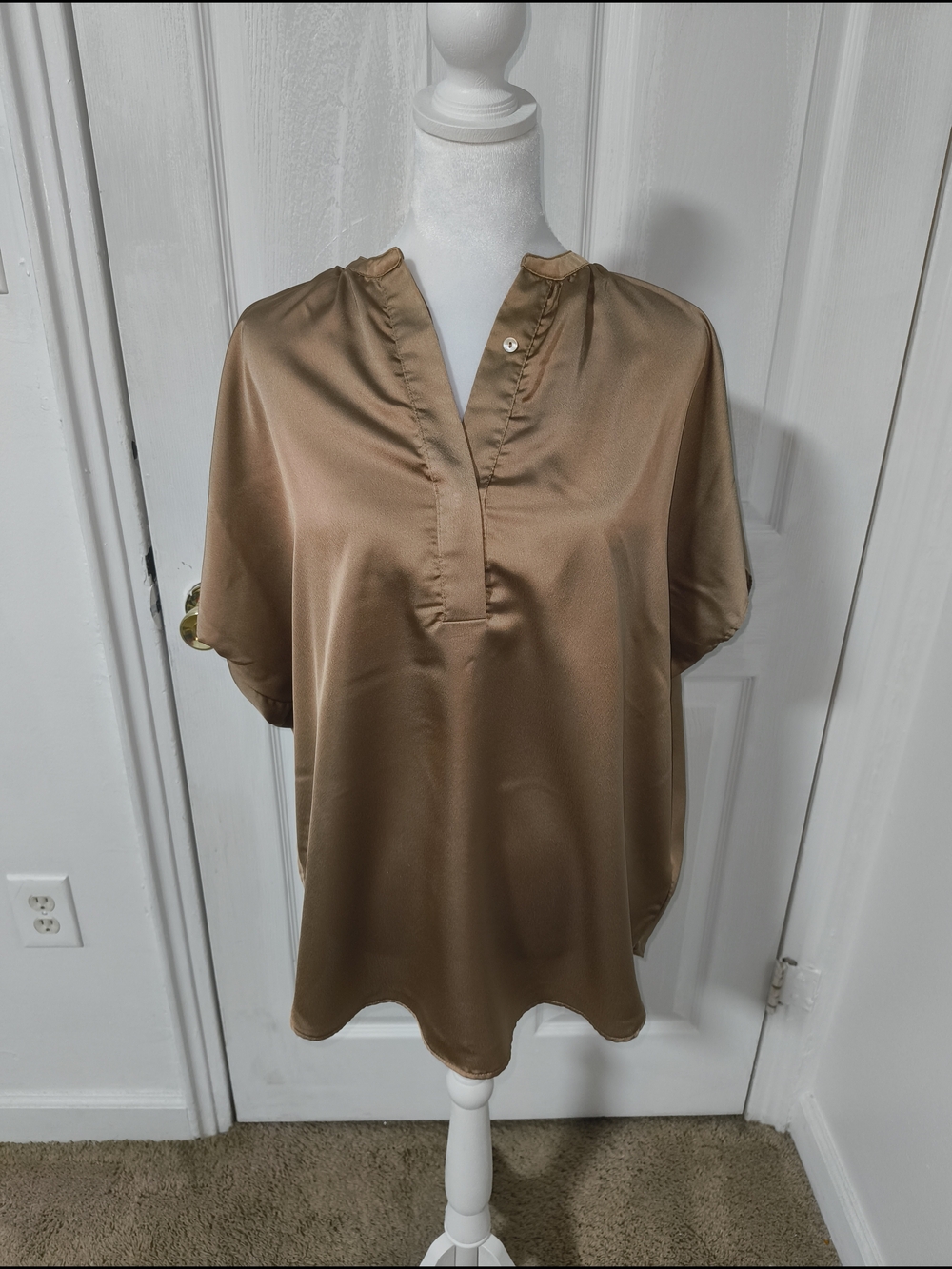 Satin Split-Neck Blouse in Taupe